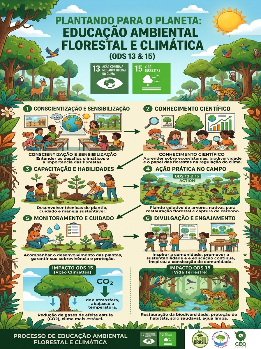 Infográfico: Processo de Educação Ambiental Florestal e Climática, alinhado aos ODS 13 e 15 - GeoPlantio